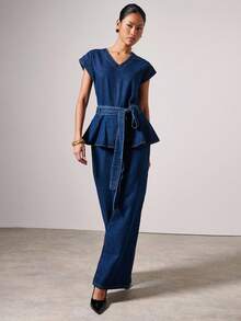 COSMINA Denim 女士优雅度假通勤无袖牛仔连体裤，适合日常穿着 - 藍色 - 查看 3