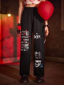 IT x SHEIN Quần cạp chun màu đen họa tiết chữ và kinh dị dành cho nữ - màu đen - Xem 6