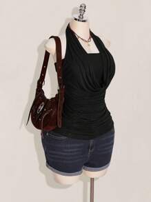 SHEIN ICON 加大码 2 件西方女性外出夏季波西米亚风挂脖棕色露背女式背心和吊带背心 - 黑色 - 查看 4