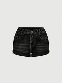 ROMWE Fairycore Quần short denim bó sát lưng thấp thêu hình bướm và đầu lâu cổ điển Y2K gợi cảm dành cho nữ, mùa hè - màu đen - Xem 4