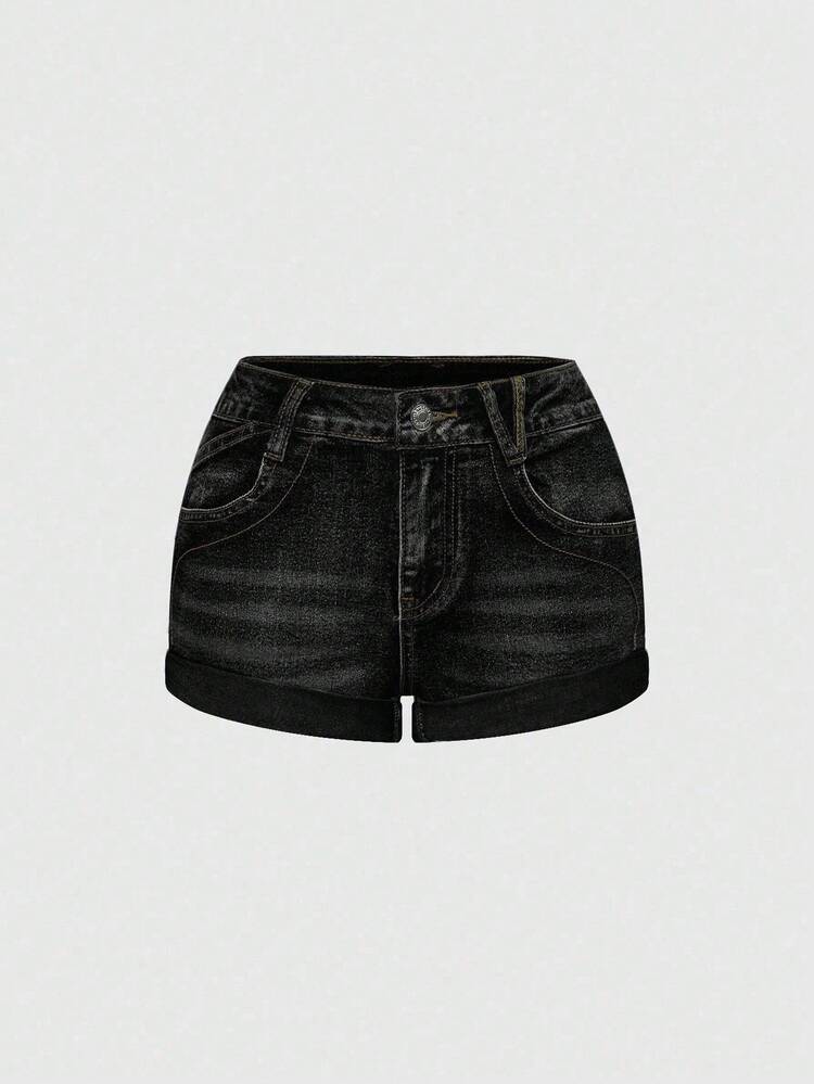 ROMWE Fairycore Quần short denim bó sát lưng thấp thêu hình bướm và đầu lâu cổ điển Y2K gợi cảm dành cho nữ, mùa hè - màu đen - Xem 4