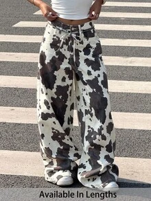 SHEIN PETITE CURVE 大尺碼女款黑白夏季 80 年代日常牛紋印花褲，Y2K 寬腿口袋牛仔褲，街頭風哥德搖滾開學生日穿搭 - 杏色 - 查看 7