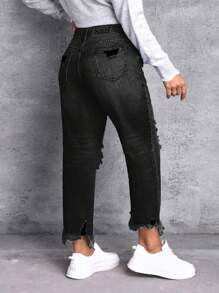 SHEIN Essnce 大码女式休闲破洞口袋牛仔裤 - 黑色 - 查看 2