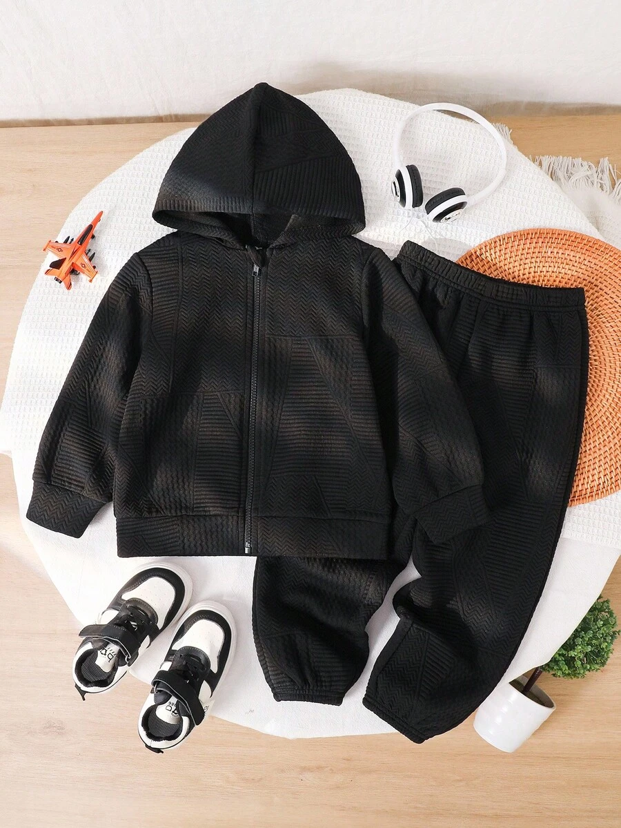SHEIN 2 件套年轻男孩夹克和裤子套装，休闲学院风纹理面料夹克，适合返校、大学、秋冬季、假期、除夕、复古风格、圣诞节、新年 - 黑色 - 查看 1
