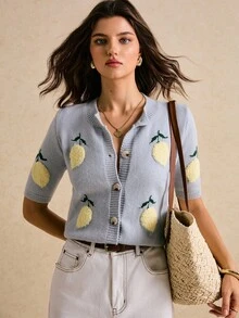 Poéselle 柠檬刺绣休闲针织短袖开衫 - 淺藍色 - 查看 8