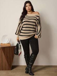 Zelara Striped Asymmetric Neck Loose Fit Plus Size Pullover Sweater Fall Clothes For Women Women's Winter Sweater Women's Winter Clothes Winter Clothes Going Out Tops Going Out Outfit Female Country Look Brown Sweater Brown Top Brown Brown Sweater Winter Clothes For Women Women's Winter Sweater Thanksgiving Outfit For Women Casual Blouses For Women