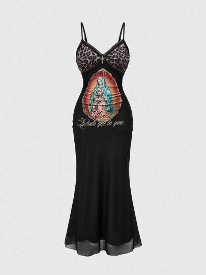 Fairycore Women's Maxi Dress With Virgin Mary, Leopard Print, Mesh Patchwork, And Rhinestone Cross Decor