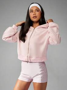 MISSGUIDED Áo hoodie có khóa kéo Matcha Club Aesthetic dành cho mùa đông, mặc ở nhà, có mũ trùm đầu rút dây, thường ngày, màu pastel, ấm áp, thích hợp mặc vào mùa thu - Hồng - Xem 5