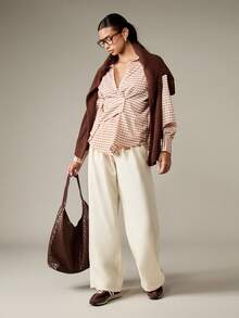 MISSGUIDED Elegant Checkered Button Down Blouse With Cinched Waist Asymmetric Front Office Business Professional Winter Fall Work Top Long Sleeve Classic Feminine