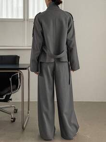 DAZY 女士立领短款系带风衣外套和宽松阔腿裤休闲套装，两件套，家居服套装 - 灰色 - 查看 5