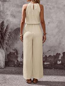 EMERY ROSE Summer Vacation Casual Solid Color Halter Jumpsuit - Apricot - View 2