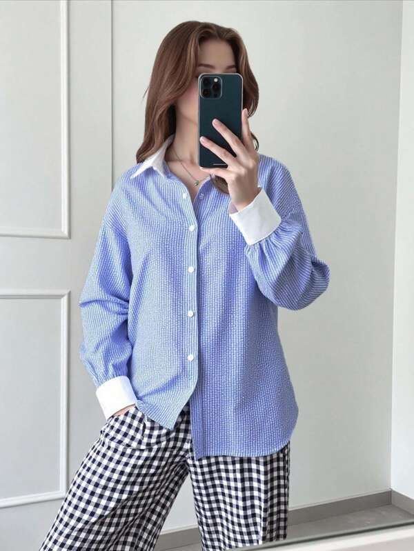 SHEIN Teenager Mädchen lässiges, minimalistisches, bequemes Patchwork Kontrast Farbstreifen Hemd