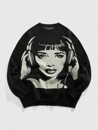 Street Life Maglione girocollo da uomo a maglia con figura a contrasto di colore, autunno inverno