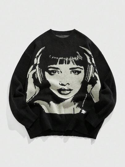 Street Life Jersey de cuello redondo para hombre con contraste de color y tejido de figura, otoño e invierno