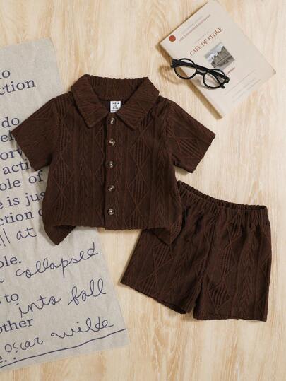 SHEIN Vintaside Kids Unisex Newborn-1 Year Old Baby Apricot Short Sleeve Shirt & Shorts Set, Textured Fabric Outfit Suitable For Summer Outings