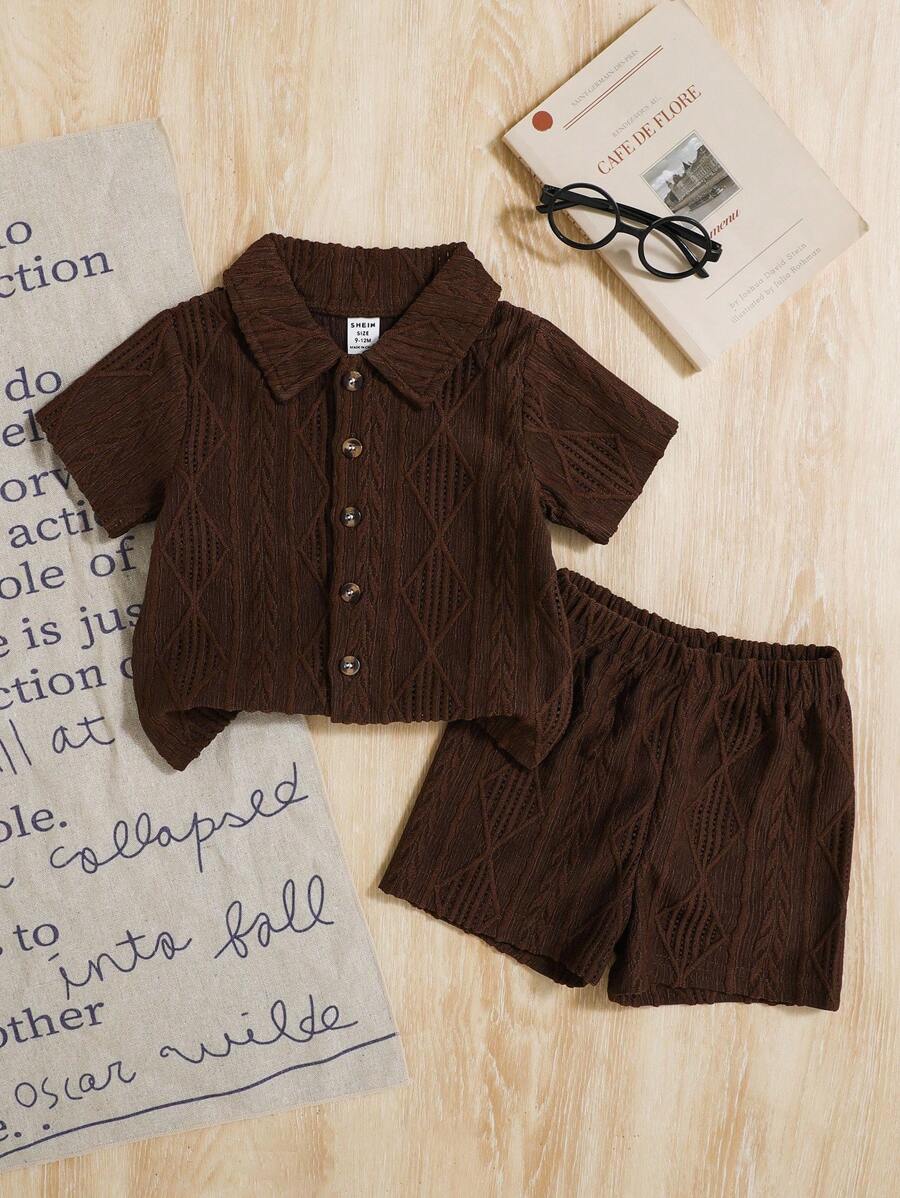 SHEIN Vintaside Kids Unisex Newborn-1 Year Old Baby Apricot Short Sleeve Shirt & Shorts Set, Textured Fabric Outfit Suitable For Summer Outings