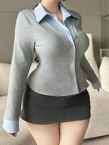 Flirla 初秋甜辣拼布修身女款T恤 - 灰色 - 查看 5