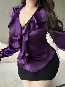 Vibekara 大码 V 领荷叶边修身优雅休闲衬衫，淑女紫色 - 紫色 - 查看 6