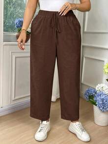EMERY ROSE Pantalones entallados de algodón de unicolor con bolsillo y lazo en la cintura para mujer de talla grande - Marrón Chocolate - Ver 8