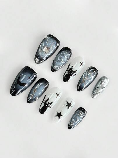 Grunge Punk 10pcs Dark Gothic Bat & Star Pattern High Quality Handmade False Nails + 3pcs Double-Sided Adhesive, Y2K Style Rhinestone Blue & Black Ombre Nail Stickers, Detachable Hand-Painted Black Cat Nail Art Stickers, Suitable For Holidays, Parties, Dancing And Daily Wear
