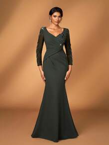 Serin Elegant Luxurious Lace Beaded Applique Sheer Long Sleeve Ruched Mermaid Hem Stretch Knit Dress, Suitable For Wedding, Party, Vacation, Prom, Evening Gown, Mother Of The Bride, Valentine's Day - Olive Green - View 4