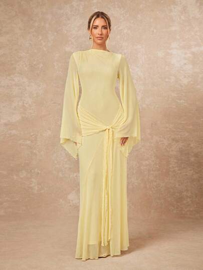 Lumalex Fall Winter Modest Old Money Coquette Glitter Holiday Party Outfit Rave Festival Outing Swim Vacation Bohemian BOHO  Hot Outdoor Richly Layered Wedding Season Banquet Coming Of Age Ceremony Seaside Women's Loose Sheer Dress With Tie-Up Flare Sleeves Formal Dresses For Wedding Guest,Fall Winter Dresses For Women,Prom Dress Luxury Prom Christmas New Year