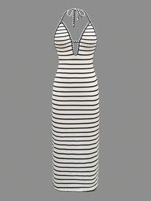 Bonvoyette Vestido largo de verano para playa y vacaciones, estilo vintage con textura de moneda, a rayas en blanco y negro con contraste de color, tela casual y suelta, vestido maxi con espalda descubierta como cubierta para traje de baño - Blanco y Negro - Ver 5