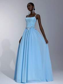 Elitara 优雅奢华浅蓝色缎面手工水钻肩带超大 A 字裙摆连衣裙，适合约会、单身派对、招待会、舞会、正式场合、庆典和宴会正式礼服 - 淺藍色 - 查看 7