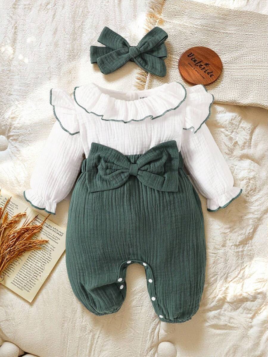 SHEIN Vintaside Kids 婴儿女孩白色分层荷叶边领长袖拼接绿色蝴蝶结连体衣，配有可拆卸裤子和头带，适合春夏秋冬，简约可爱，适合室内外穿着 - 彩色 - 查看 1