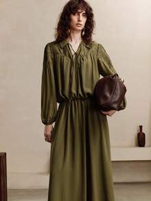 Revavyn 女式提花拼接长款宽松休闲连衣裙 - 軍綠色 - 查看 6