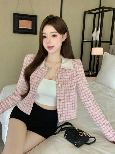 DAZY Áo khoác mỏng thanh lịch dành cho nữ với họa tiết kẻ caro hồng, thích hợp cho ngày lễ tình nhân mùa thu/đông