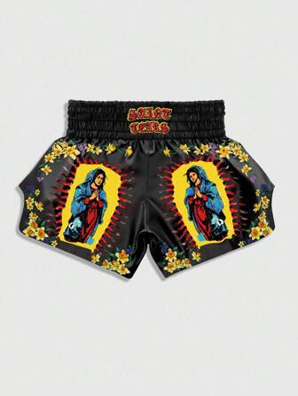 Anime Men's Floral Print Character Elastic Waist Relaxed Fit Boxing Shorts, For Back To School