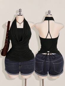 SHEIN ICON 加大码 2 件西方女性外出夏季波西米亚风挂脖棕色露背女式背心和吊带背心 - 黑色 - 查看 2