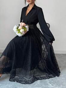 Modelyn 女士时尚休闲通勤撞色蕾丝黑色连衣裙 - 黑色 - 查看 1