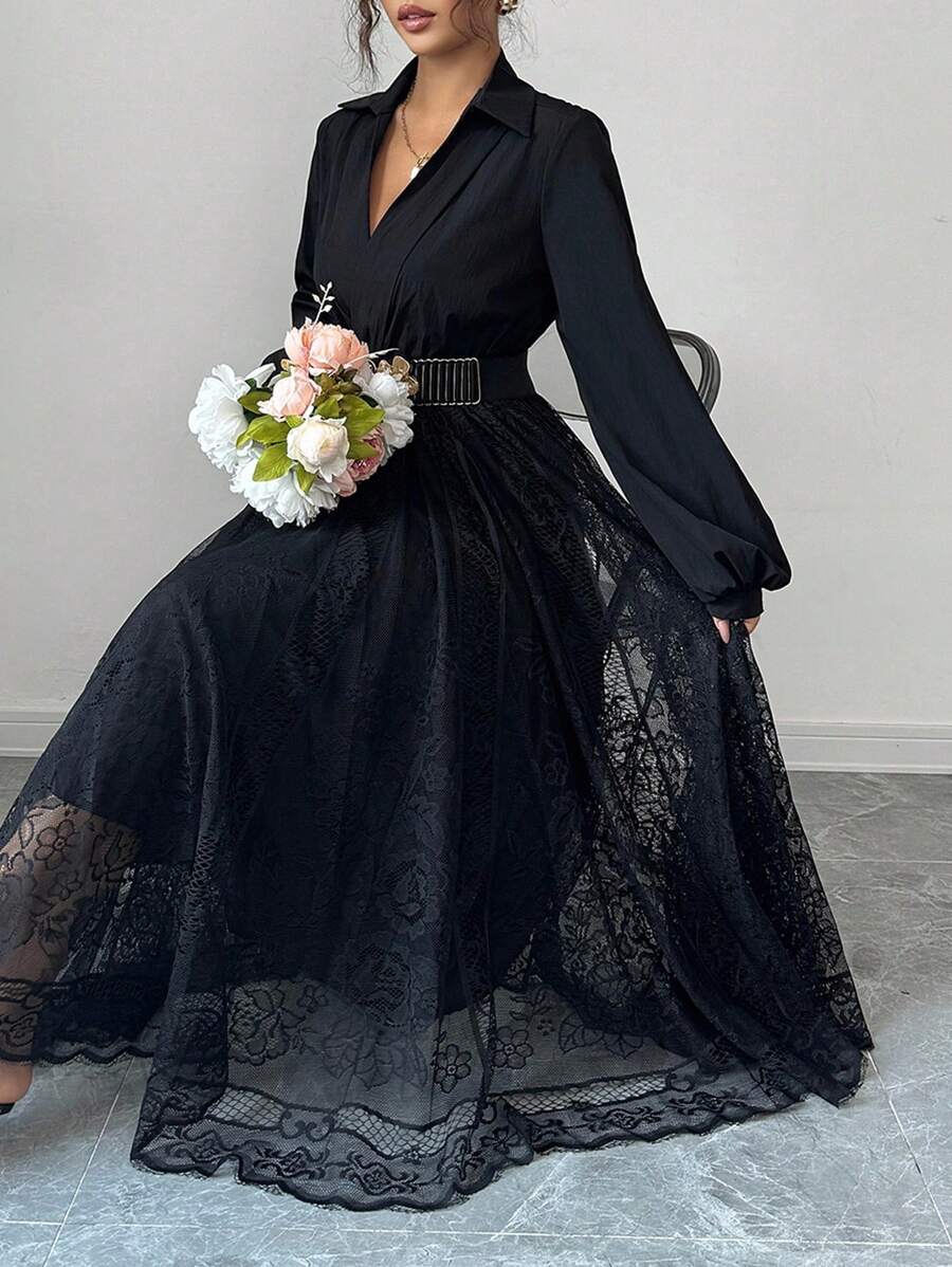 Modelyn 女士时尚休闲通勤撞色蕾丝黑色连衣裙 - 黑色 - 查看 1