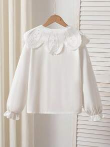 少女优雅刺绣彼得潘领衬衫，泡泡袖纽扣条纹休闲公主衬衫，适合假日、旅行、生日派对、春秋冬季穿着。