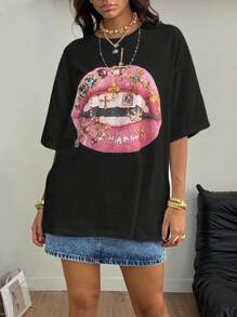 Coolane تي شيرت قصير الأكمام بطبعة الشفاه للنساء، كاجوال صيفي