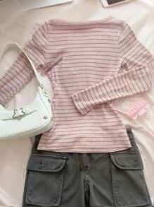 INAWLY Maglietta a maniche lunghe da donna elegante, casual e carina, con mix di righe e pizzo, adatta allo streetwear