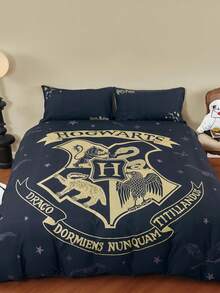 HARRY POTTER X SHEIN 3 Stück Tier- und Buchstaben-bedruckter Bettbezug Set, Geschenke, geeignet für Einzelbett/Doppelbett/Queensize-Bett/Kingsize-Bett, Studentenwohnheim/Zuhause, Schulanfang - Schwarz - Übersicht 2
