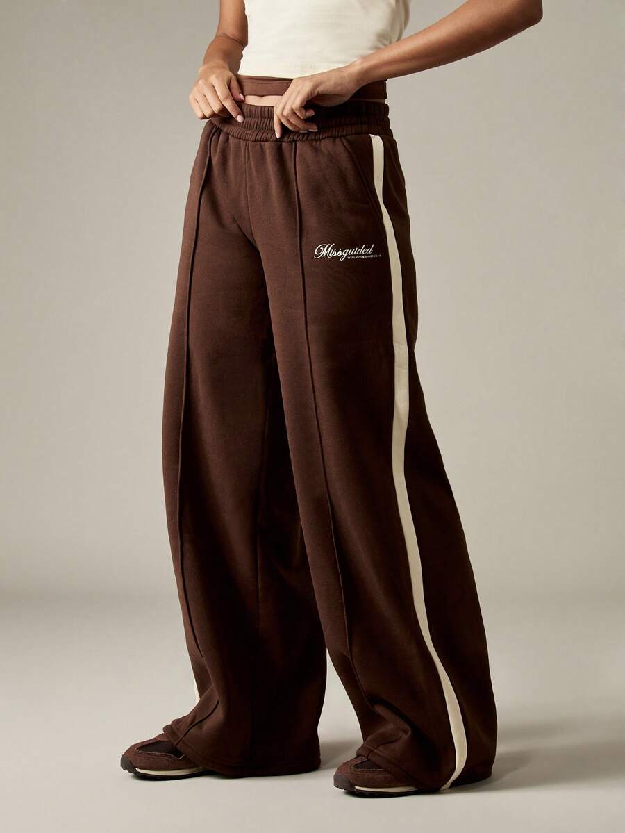 MISSGUIDED Wide Leg Sweatpants Retro Style Side Stripe Detail Loungewear Relaxed Fit Elastic Waist Casual Winter Comfort Pants - Rust Brown - View 1