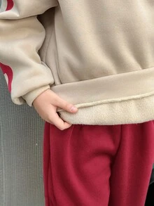 青少年男孩休闲韩版宽松大号字母图案连帽衫和松紧腰裤套装，适合秋季/春季、户外玩耍、学校、街头风格、派对和休闲 - 紅色 - 查看 6