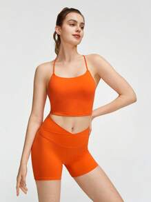 GLOWMODE FeatherFit™運動內衣和8英寸短褲套裝，背部帶綁帶運動內衣背心和高腰側口袋運動車手短褲，適用於低衝擊度瑜伽日常跑步健身夏季訓練 - Orange Ignite - 查看 11