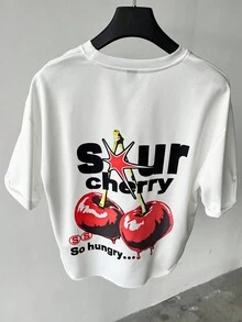 Manfinity Roghcode Men's Casual Cherry Letter Print Short Sleeve T-Shirt, Summer - White - View 3