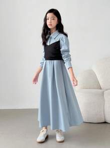 Tween Girls Casual Korean Style 2 In 1 Dress, Suitable For Daily Wear And School - Blue - View 7