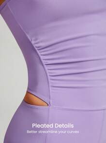 GLOWMODE 6" FeatherFit™ Peekaboo Pleated Adjustable Romper Bodysuit With Built-In Underwear Light Support Low Impact Yoga Pilates Studio Summer - Mauve Purple - View 6