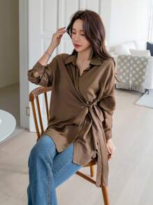 DAZY Tie Side Drop Shoulder Shirt,Long Sleeve Tops,Fall Clothes Modest Fashion - Coffee Brown - View 8