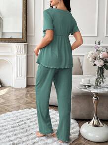 Moonlight&Mama Bộ đồ ngủ bà bầu tay ngắn cổ chữ V viền bèo nhún màu trơn - màu xanh lá - Xem 2
