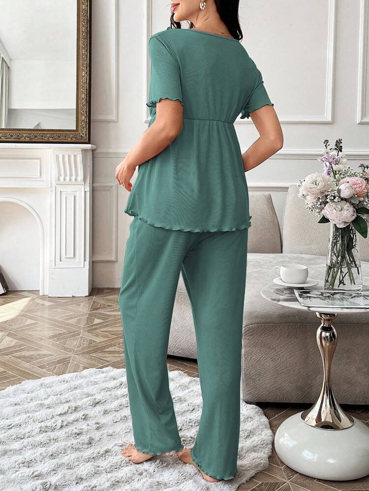 Solid Color V-Neck Ruffle Trim Short Sleeve Pants Maternity Pajama Set Maternity Lounge Set Maternity Pajamas Postpartum Pajamas Set Postpartum Lounge Set Matching Lounge Sets Women - Green - View 2