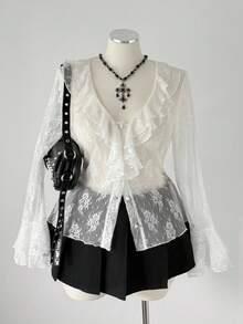 Sunspun Áo cánh ren cổ chữ V viền bèo nhún, áo sơ mi tay loe gợi cảm thường ngày, áo kiểu Pháp đi chơi - Màu be - Xem 8