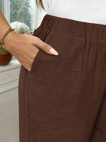 EMERY ROSE Pantalones entallados de algodón de unicolor con bolsillo y lazo en la cintura para mujer de talla grande - Marrón Chocolate - Ver 7
